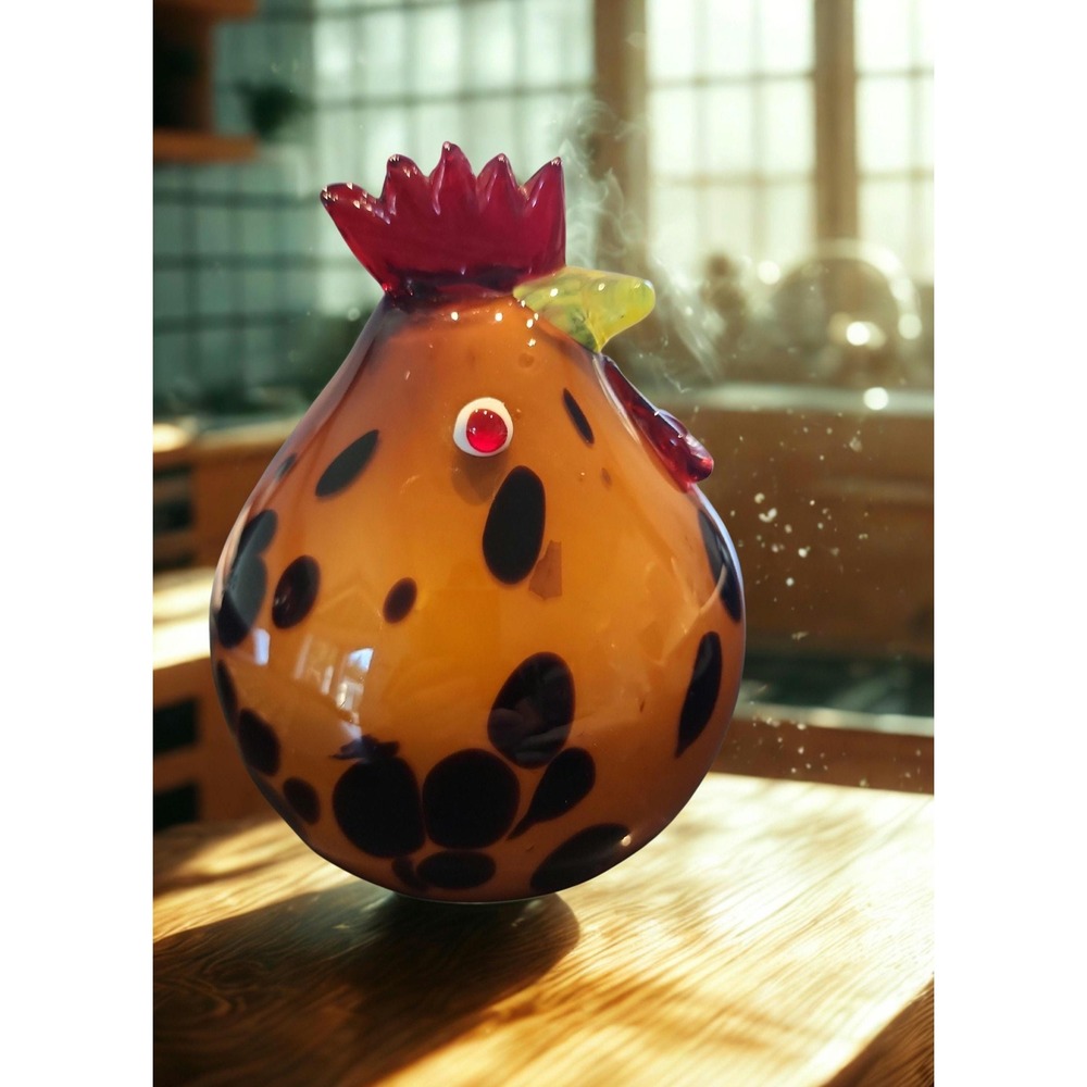 Hand Blown Amber Glass Rooster Chicken Figurine Murano Style Farmhouse Decor 6in
